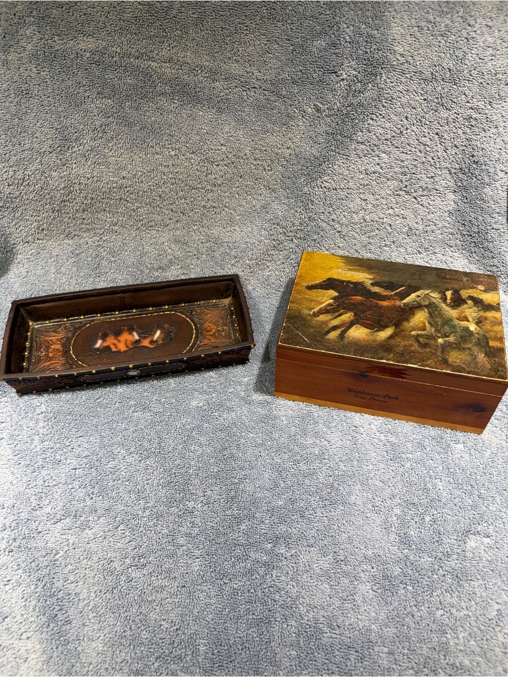 vintage wooden horse box & ceramic horse tray
